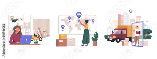 Logistics technologies abstract concept vector illustration set.  Logistics hub, Supply chain management, transit warehouse, export control, business transportation, goods transfer. Online delivery.