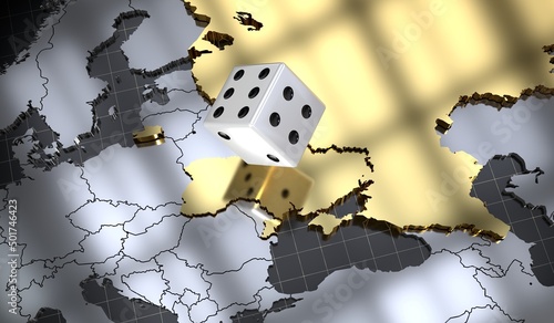 Russia and Ukraine map, dice - 3D illustration photo