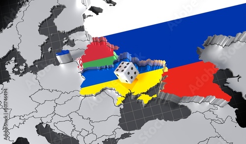 Russia, Belarus and Ukraine map/ flags, dice - 3D illustration