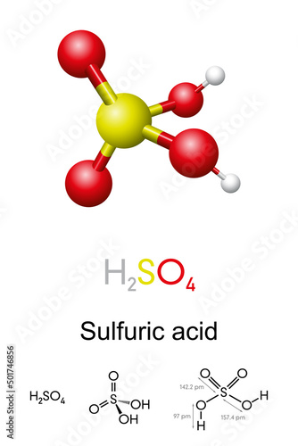 Sulfuric acid, H2SO4, ball-and-stick model, molecular and chemical formula with binding lengths. Known as sulphuric acid, or oil of vitriol in antiquity. Mineral acid and important commodity chemical.
