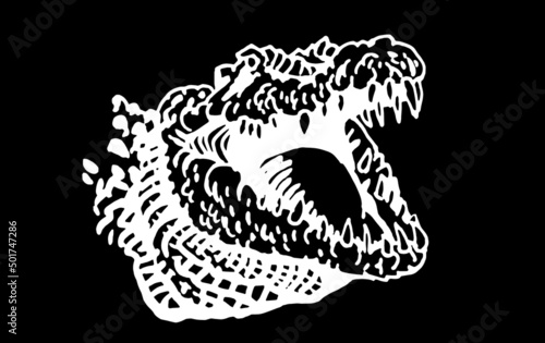 Graphical head of crocodile isolated on black background, vector illustration, angry look