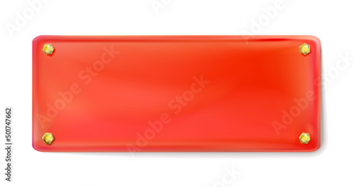 Red rectangular painted plate with gold bolt or screws isolated. Vector illustration Eps10.