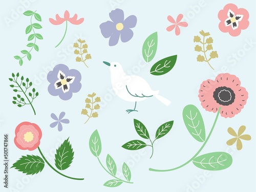 ボタニカルな植物と小鳥のイラスト