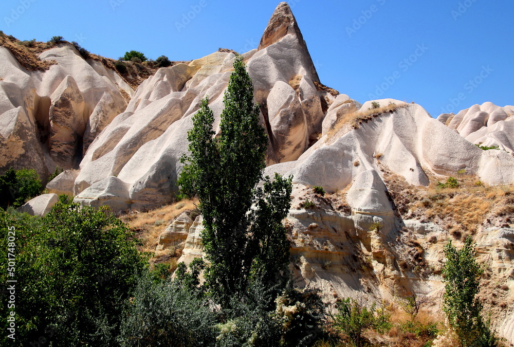 Landscape with a pyramidshaped mountain and snowwhite wavy mountains