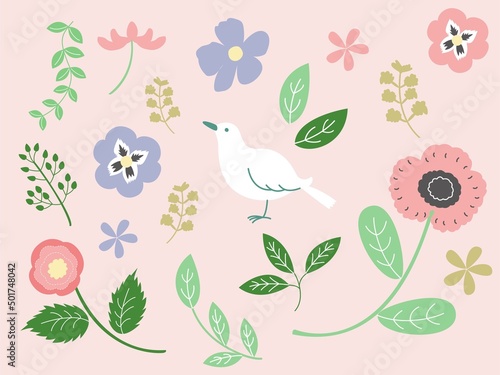 ボタニカルな植物と小鳥のイラスト