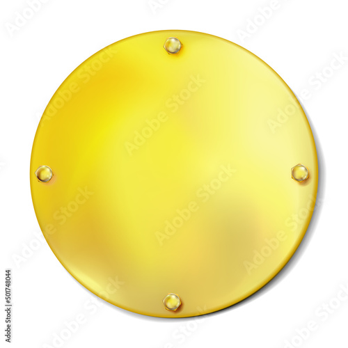 Realistic round golden plate with gold bolts or screws isolated on white. Label, template. Cover, stopper. Vector