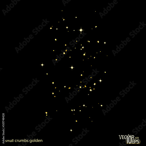 Small gold dust isolated on black. Gold shiny plume glitter texture, crumbs. Particles grain or sand, pieces confetti.