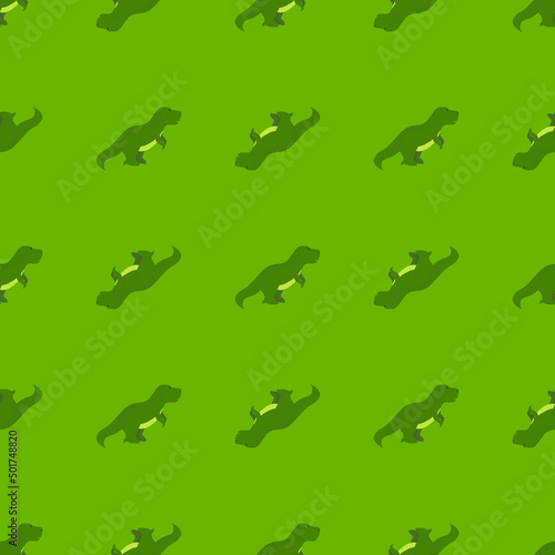 Seamless pattern cute T-Rex dino. Background of funny dinosaurs in doodle style.
