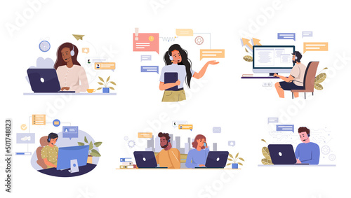 Customer support service. Set of people during online consultations of support services, business communication. Operators in headsets talk with customers. Flat vector illustrations isolated on white