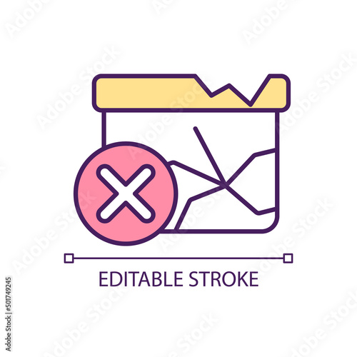 Product defect concept icon. Manufacture spoilage. Broken crockery abstract idea thin line illustration. Isolated outline drawing. Editable stroke. Arial, Myriad Pro-Bold fonts used