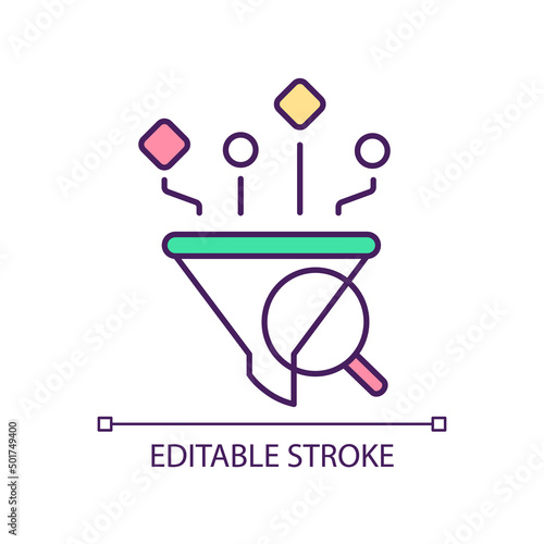 Funnel and magnifier concept icon. Data collection. Focusing on information. Research abstract idea thin line illustration. Isolated outline drawing. Editable stroke. Arial, Myriad Pro-Bold fonts used