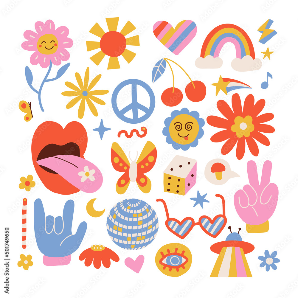 Psychedelic symbols set. Weird abstract funny elements for surreal trip. 70s and 80s trendy signs in acidic bright colors- flowers, piece and heart. Flat hand drawn vector illustration.