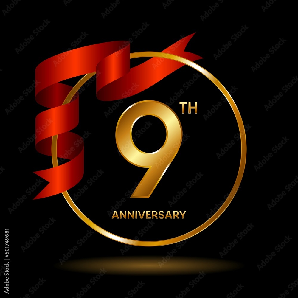 9th Anniversary logo. Anniversary celebration template design with golden ribbon for booklet, leaflet, magazine, brochure poster, banner, web, invitation or greeting card. Vector illustrations. 9th Anniversary logo. Anniversary celebration template design with golden ribbon for booklet, leaflet, magazine, brochure poster, banner, web, invitation or greeting card. Vector illustrations.