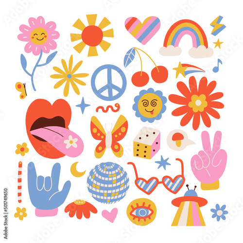 Psychedelic symbols set. Weird abstract funny elements for surreal trip. 70s and 80s trendy signs in acidic bright colors- flowers  piece and heart. Flat hand drawn vector illustration.