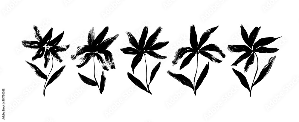 Brush silhouettes of lily flowers isolated on white. Grunge style ink painted floral elements for graphic design. Lily flowers with stems and leaves painted by ink. Monochrome botanical illustration