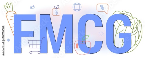 FMCG Fast moving consumer goods acronym Business and commerce concept Quickly moving product Short term goods Flat vector illustration Shopping chain that offers imported FMCG sundry