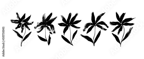 Brush silhouettes of lily flowers isolated on white. Grunge style ink painted floral elements for graphic design. Lily flowers with stems and leaves painted by ink. Monochrome botanical illustration