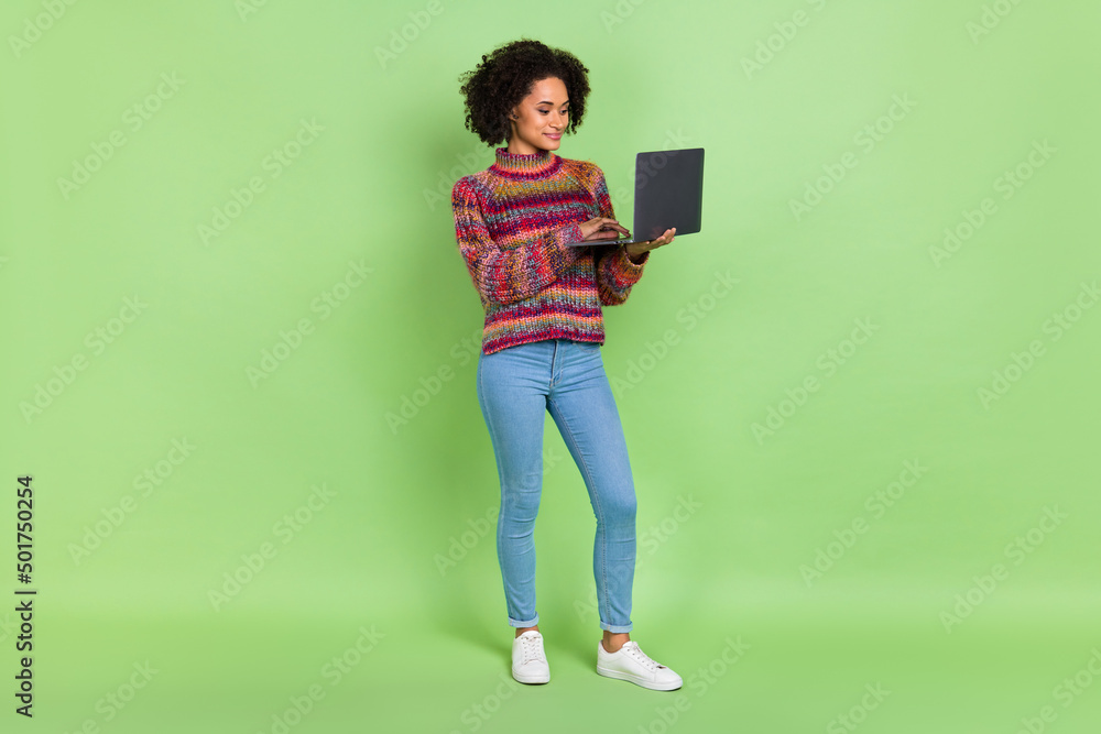 Full size photo of pretty young volume hairdo lady type laptop wear sweater jeans shoes isolated on green background Full size photo of pretty young volume hairdo lady type laptop wear sweater jeans shoes isolated on green background