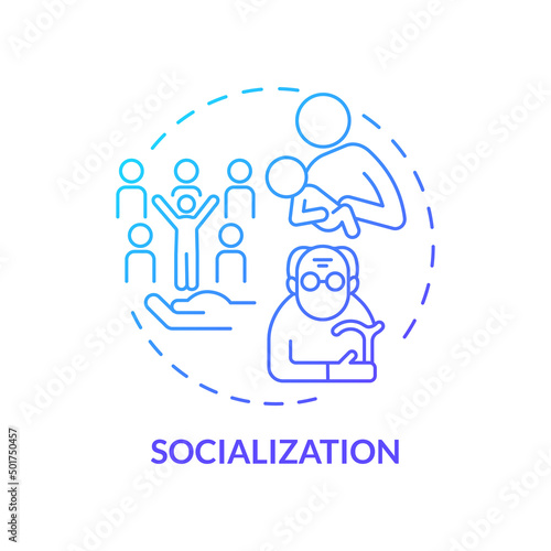 Socialization blue gradient concept icon. Social norms and rules. Social institutions function abstract idea thin line illustration. Isolated outline drawing. Myriad Pro-Bold font used