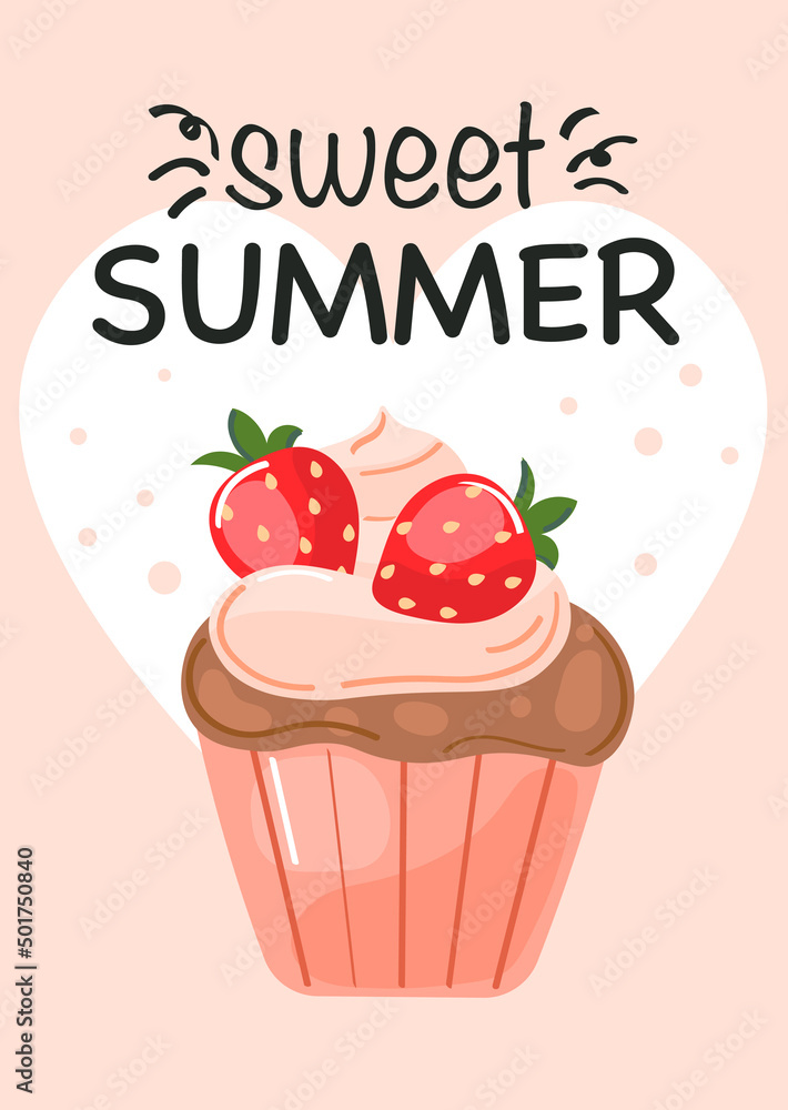 Vector cartoon style poster with sweet cupcake. Muffin isolated on pink background. Yummy dessert decorated with strawberry. Sweet summer, card or poster. Vector illustration. Vector cartoon style poster with sweet cupcake. Muffin isolated on pink background. Yummy dessert decorated with strawberry. Sweet summer, card or poster. Vector illustration.