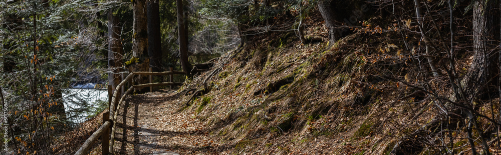 Wooden fence near walkway in forest, banner. Wooden fence near walkway in forest, banner.