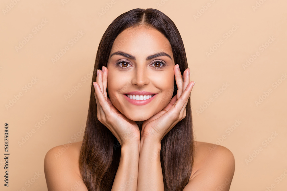Portrait of joyful charming lady touch hands cheeks eyes use gel silky balm enjoy isolated pastel color background Portrait of joyful charming lady touch hands cheeks eyes use gel silky balm enjoy isolated pastel color background