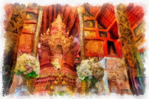 Architectural landscape of ancient temples and ancient art in northern Thailand. Illustrations. Impressionist watercolors.