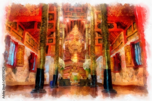 Architectural landscape of ancient temples and ancient art in northern Thailand. Illustrations. Impressionist watercolors. © Kittipong