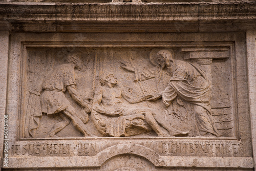 Munich, Germany -April 27,2022: Details of stone ornaments on the facades of baroque buildings in the German city Munich which is the capital city in Bavaria.