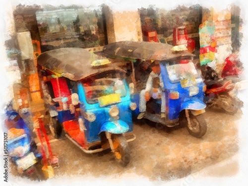 tuk tuk car in Thailand watercolor style illustration impressionist painting. © Kittipong
