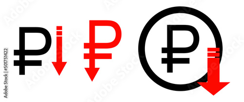  Fall of the ruble icon. Graffic down symbol. Sign ruble and arrow vector. photo