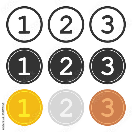 Gold, silver, bronze medals icon. 1st 2nd and 3rd place award symbol. Sign prize vector.