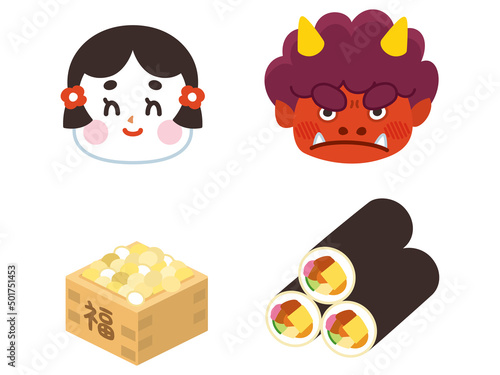 節分アイテム　鬼　おかめ　大豆　豆まき　福　恵方巻