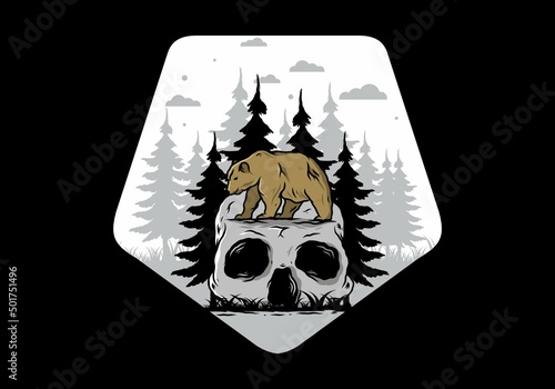 Big bear walking on skull head illustration