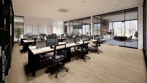 Interior Empty Modern Loft Office open space modern office footage.Modern open concept Lobby and reception area meeting room design.3d Rendering  interior walk through.
