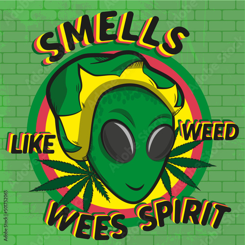 Graffitti of the head of an alien decorated with marijuana leaves and a title that says: Smells like weed. WeedSpirit
wallpaper
