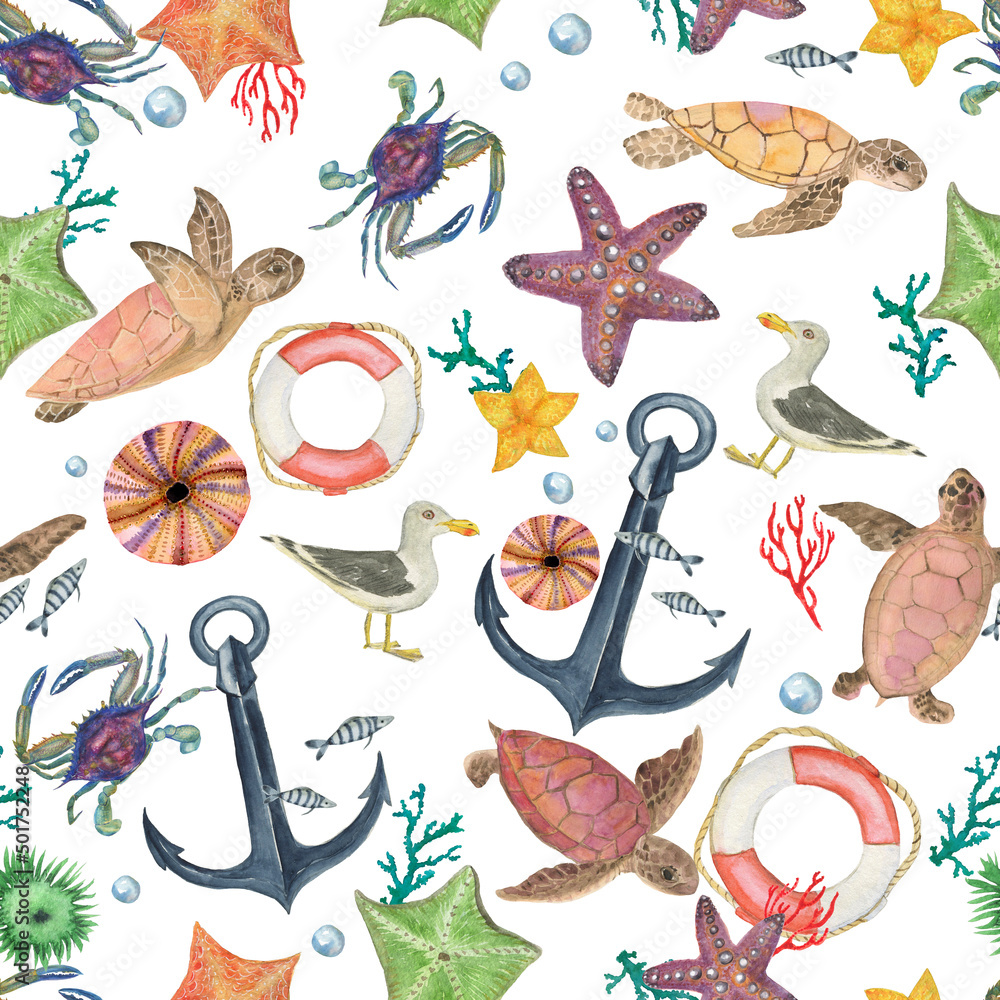 Watercolor Painting Seamless Pattern With Sea Turtle Crab Shell Star Seagull Anchor Corall Stock イラスト Adobe Stock Watercolor Painting Seamless Pattern With Sea Turtle Crab Shell Star Seagull Anchor Corall Stock イラスト Adobe Stock
