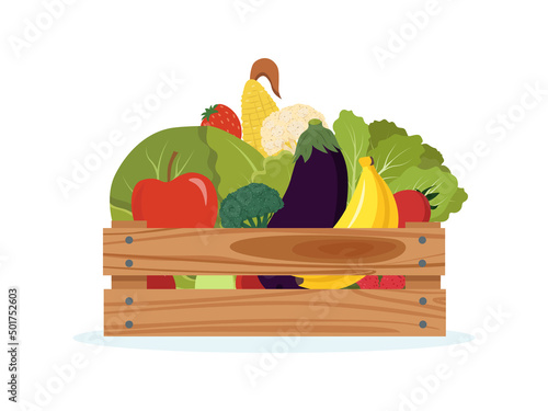 Wooden box with fruits and vegetables. Local organic harvested crops in a wooden box. Harvest gathering time. Agricultural concept. Textured flat vector illustration isolated on white background 