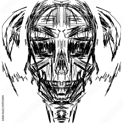 Human skull, necromancer, occult. Tattoo, freehand drawing, vector. Abstract. Contemporary trendy art illustration