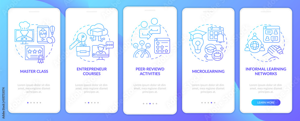 Online education trends blue gradient onboarding mobile app screen. Walkthrough 5 steps graphic instructions pages with linear concepts. UI, UX, GUI template. Myriad Pro-Bold, Regular fonts used