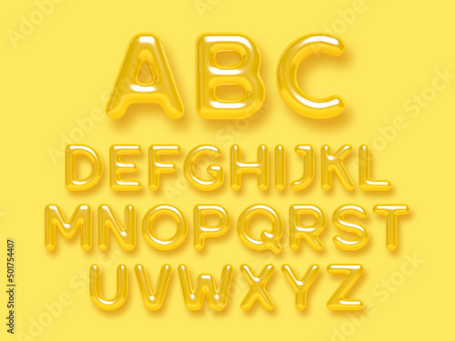 Summer yellow alphabet vector set. 3d realistic glossy typeface. Decorative letters for banner, cover, birthday or anniversary, summer holiday party.