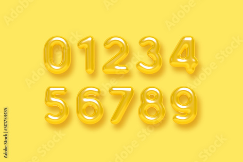 Summer yellow number vector set. 3d realistic glossy typeface. Decorative numbers for banner, cover, birthday or anniversary, summer holiday party.