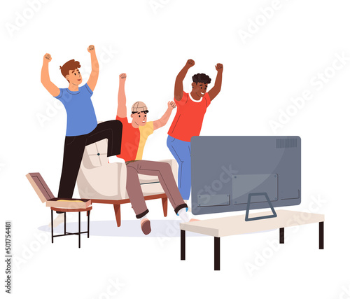 Soccer or football people fans celebrate goal on white background. Cartoon young happy fans characters watching the live broadcast of the match on TV and supporting national team. Vector illustration.