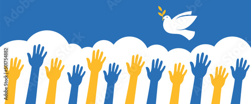Group of hands and a dove of peace. 
Support Ukraine, Stand with Ukraine banner and poster in yellow and blue colors. Vector illustration.