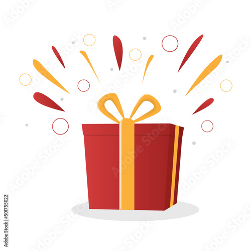 surprise red gift box, birthday celebration, special give away package, loyalty program reward, wonder gift with exclamation mark, vector icon, flat illustration