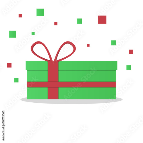 Delight present, surprise green gift box, birthday celebration, special give away package, loyalty program reward, wonder gift with exclamation mark, vector icon, flat illustration