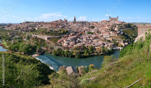 Panoramic view of the city of Toledo surrounded by the Tajo River, Spain