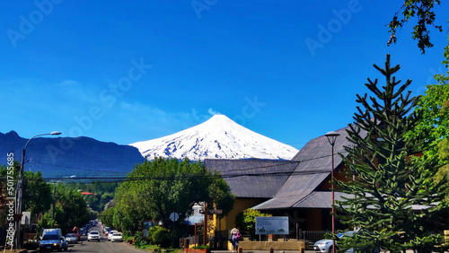 Villarrica Volcano covered in snow and seen from Pucon, Chile.