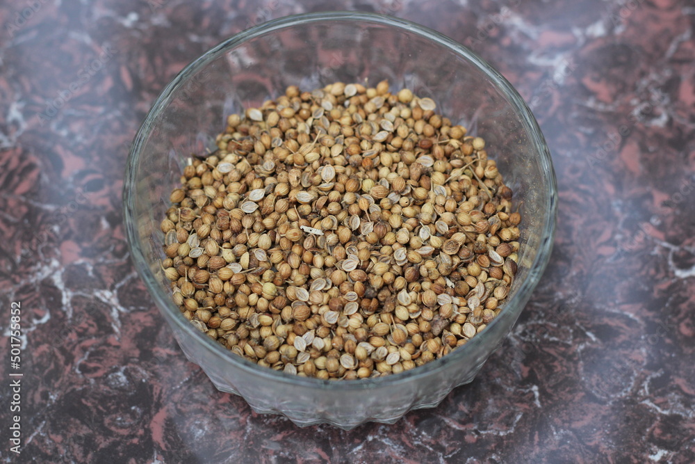 Coriander seeds decorated in a glass bowl Coriander seeds decorated in a glass bowl