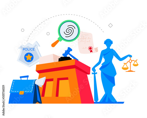 Judicial system and accusations - modern colored vector poster